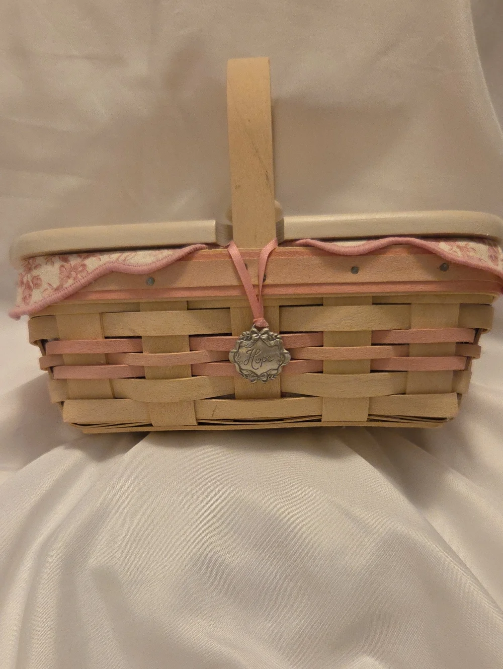 Longaberger Beige and Pink Woven Picnic Basket with Charm